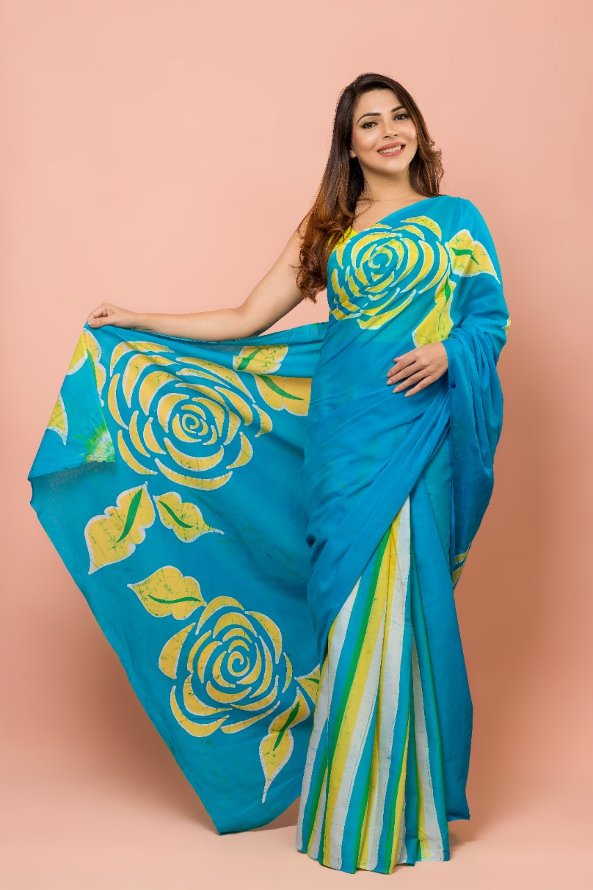 SKY-BLUE & YELLOW COLORED FLORAL DESIGN BATIK SAREE B2504