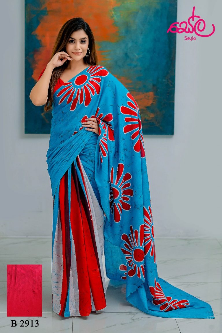 BLUE AND RED COLORED HANDCRAFTED BATIK SAREE B2913