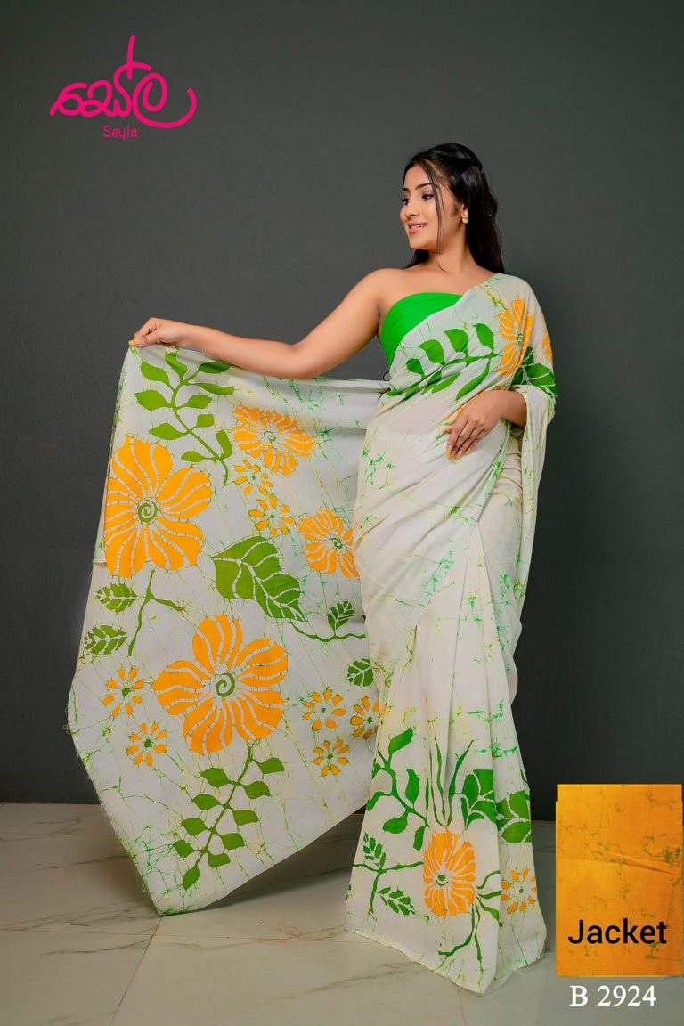 GREEN AND ORANGE FLORAL HANDCRAFTED BATIK SAREE B2924