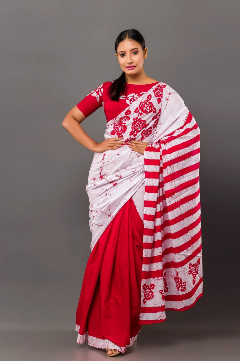 RED & WHITE SRI LANKAN HANDMADE COTTON BATIK SAREE B505