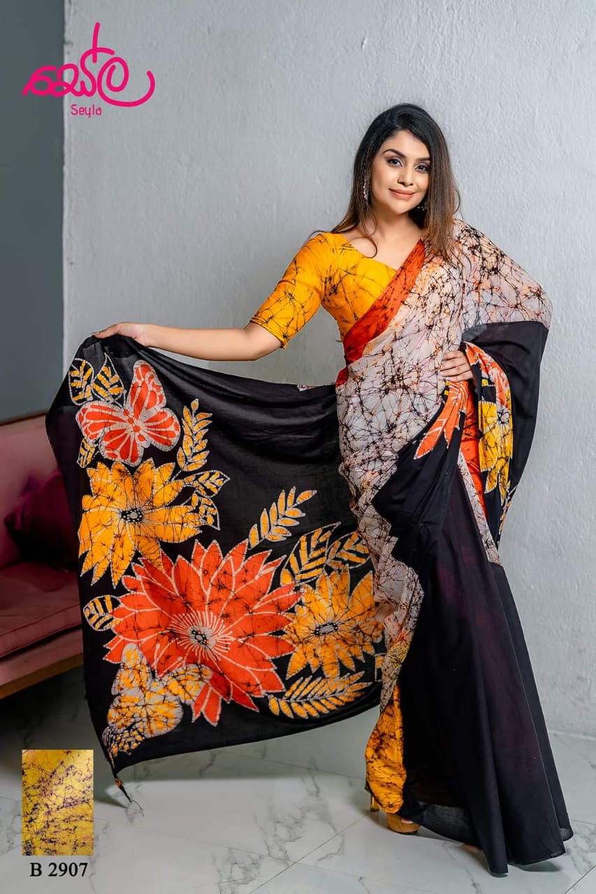 ORANGE AND BLACK COLORED HANDCRAFTED BATIK SAREE B2907