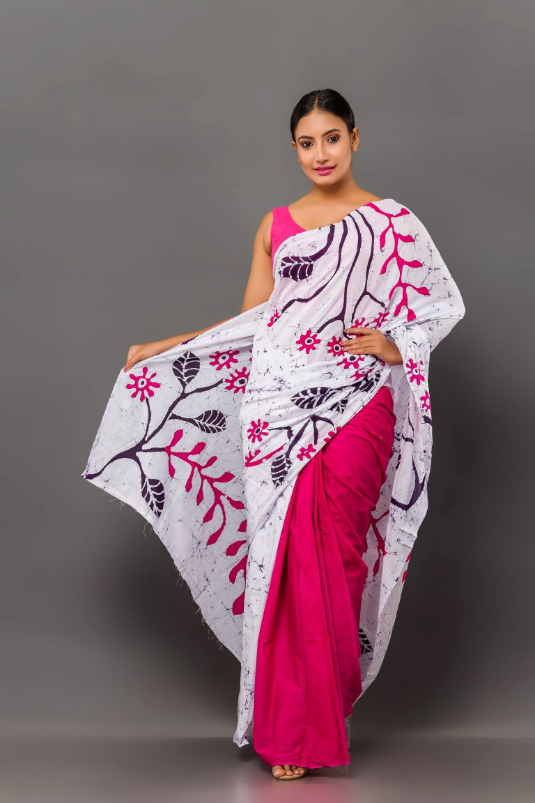 WHITE & PINK SRI LANKAN HANDMADE COTTON BATIK SAREE B503