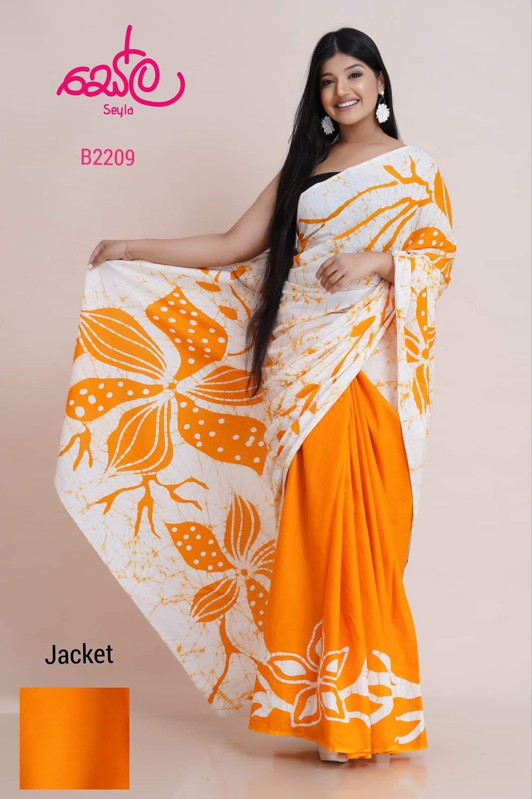 WHITE AND ORANGE COLOR HANDMADE BATIK SAREE B2209