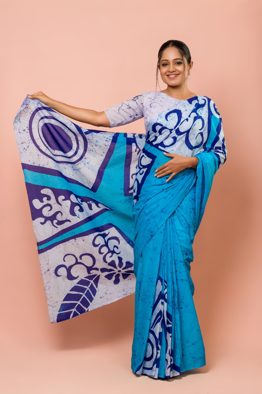 SKY-BLUE AND WHITE COLORED HANDCRAFTED BATIK SAREE B2515