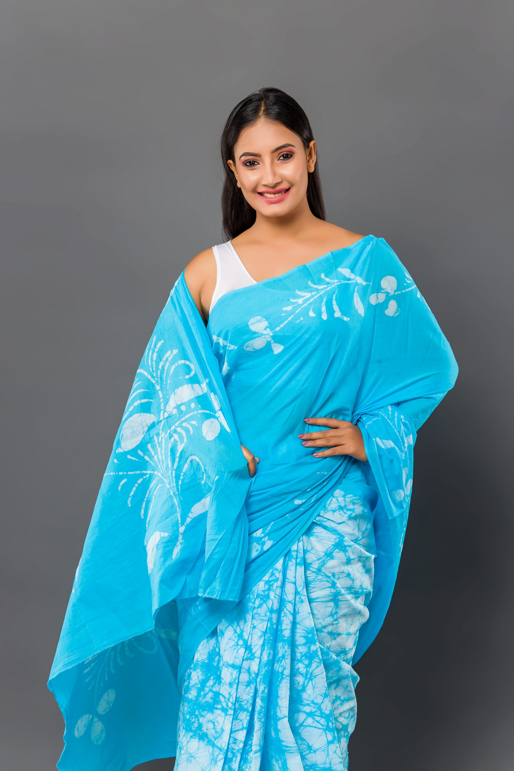 BLUE & WHITE SRI LANKAN HANDMADE COTTON BATIK SAREE B517