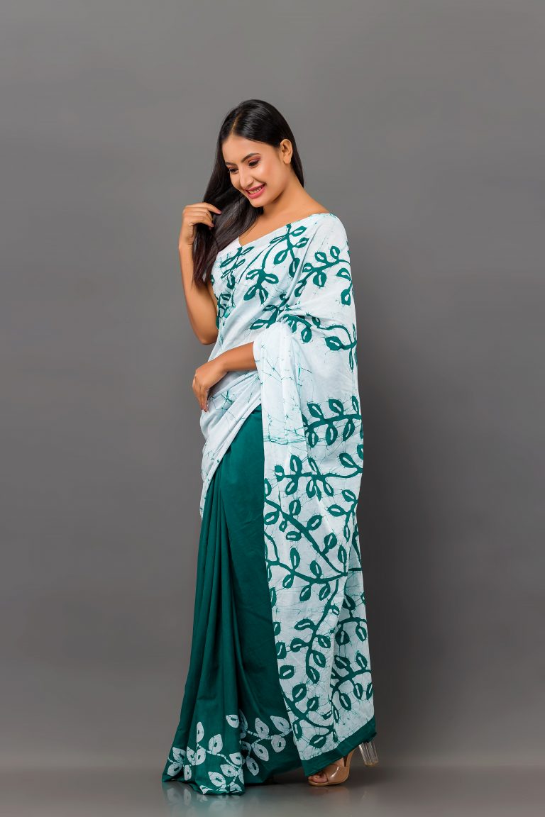 Green & White Sri Lankan Handmade Cotton Batik Saree