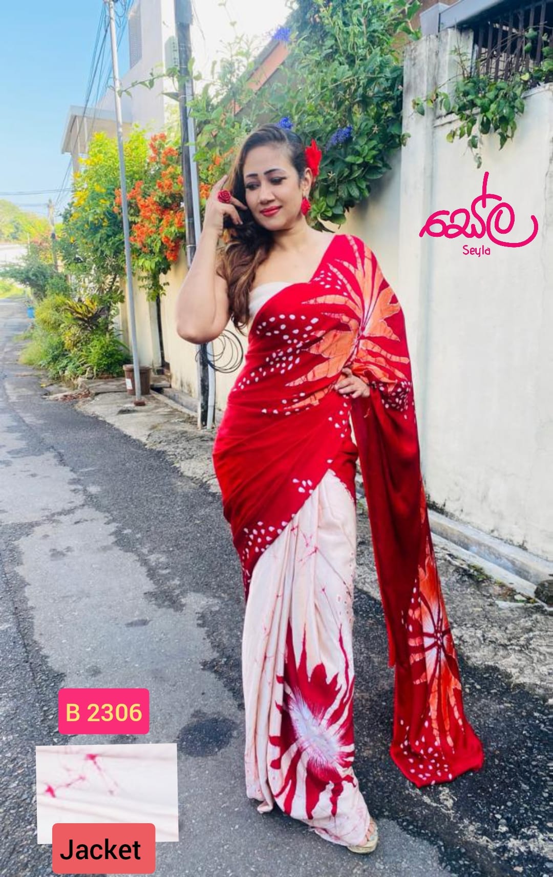 RED AND WHITE SILK BATIK SAREE B2306