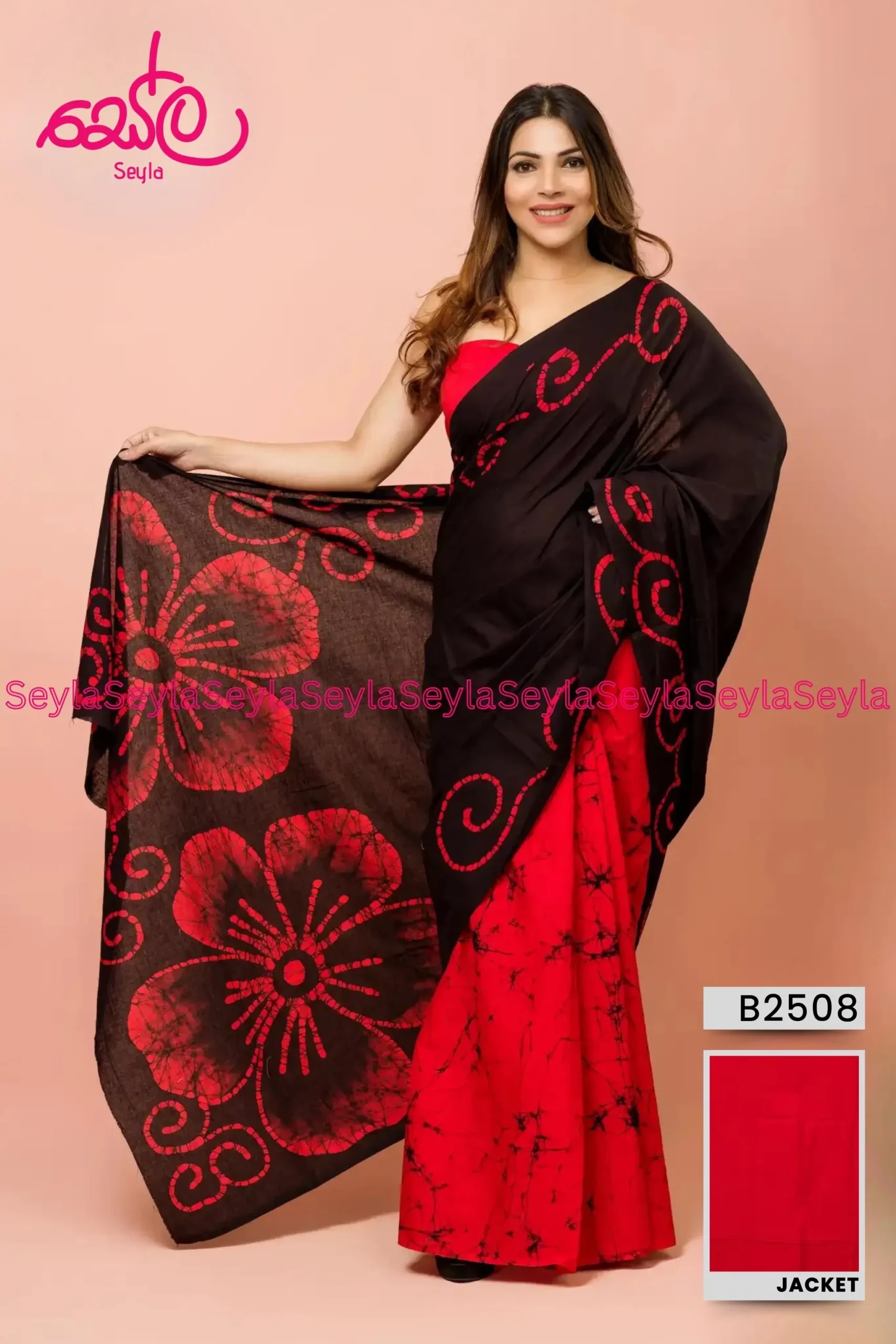 Red and Black colored handcrafted Batik Saree B2508