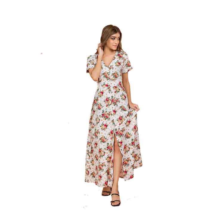 Bust Detailed Button Down Long Dress - Printed