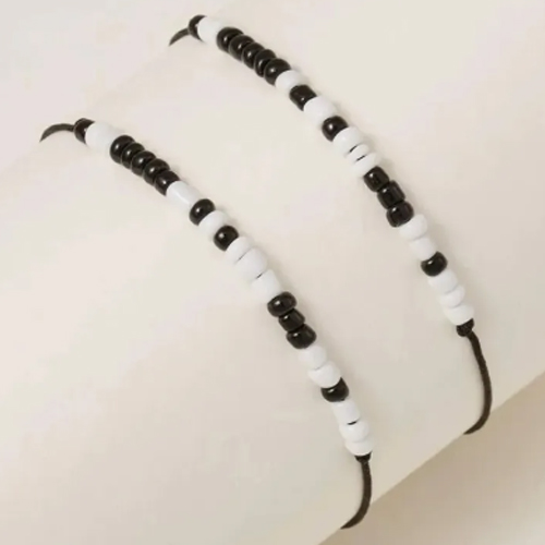 Trendy Morse Cord Black & White Rice Beads Adjustable Couple Bracelets Friendship Bracelets