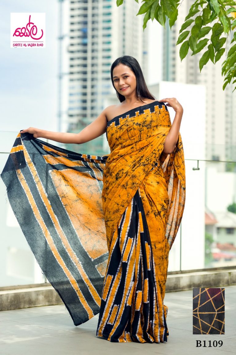 ORANGE & BLACK COLORED HAND CRAFTED BATIK SAREE B1109