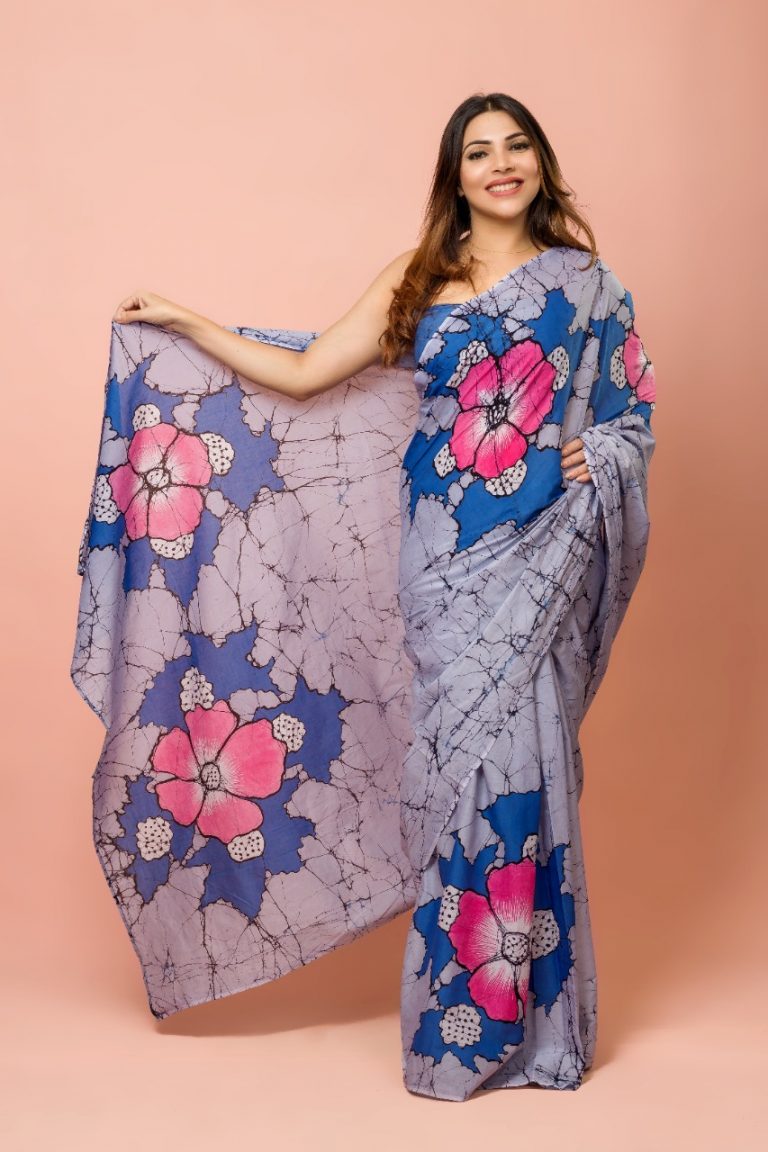 PINK AND SKY-BLUE FLORAL HANDCRAFTED BATIK SAREE B2509