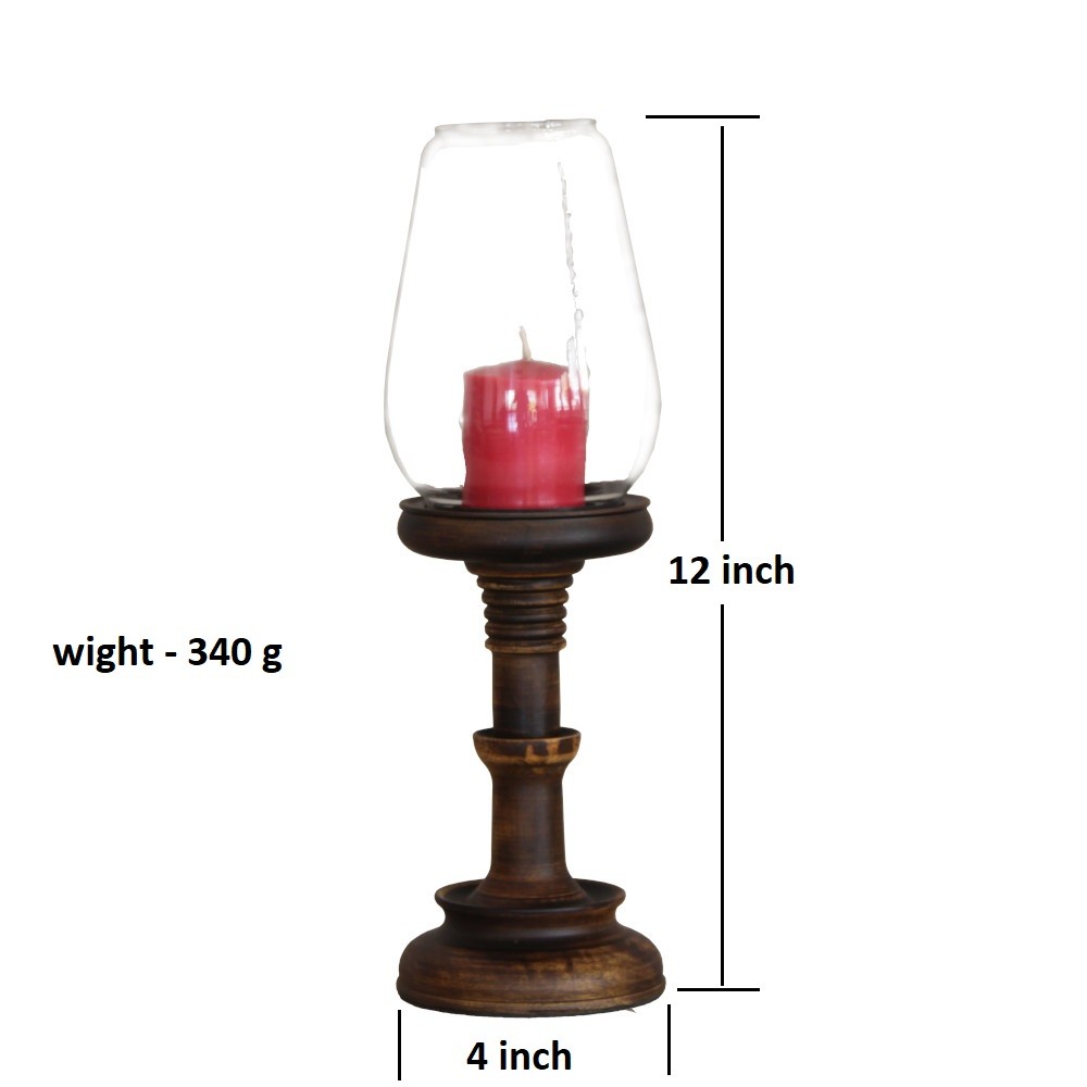 View Handcrafted Wooden Candle Holder with Glass – Dark Teak Finish, Sri Lankan Woodturning Artistry image