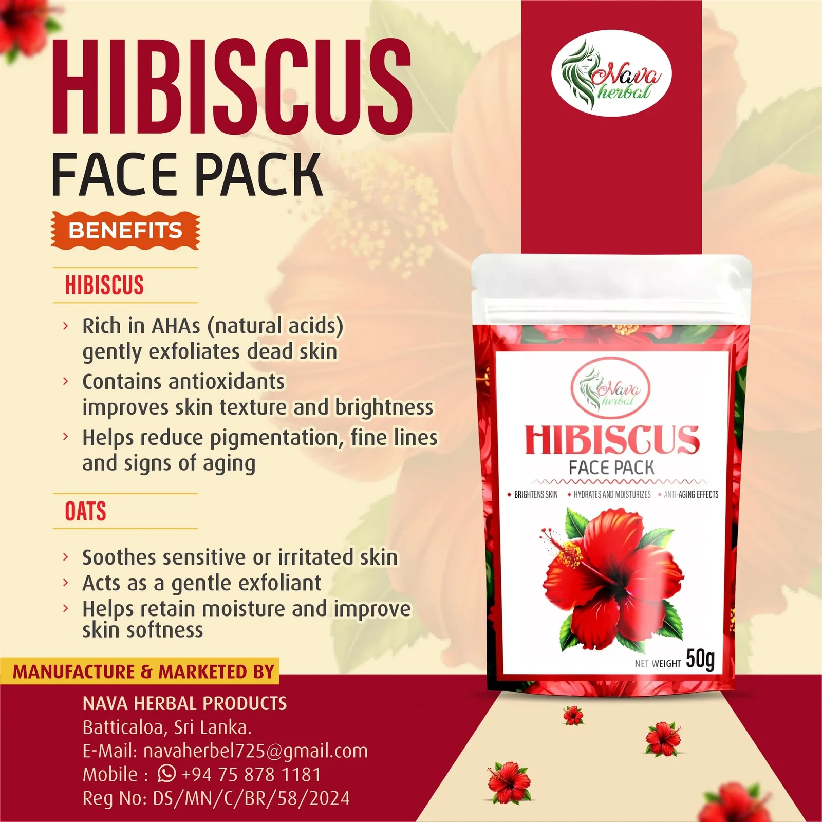 View Nava Herbal Hibiscus Face Pack – Natural Skin Brightening & Anti-Aging Formula - 50g image