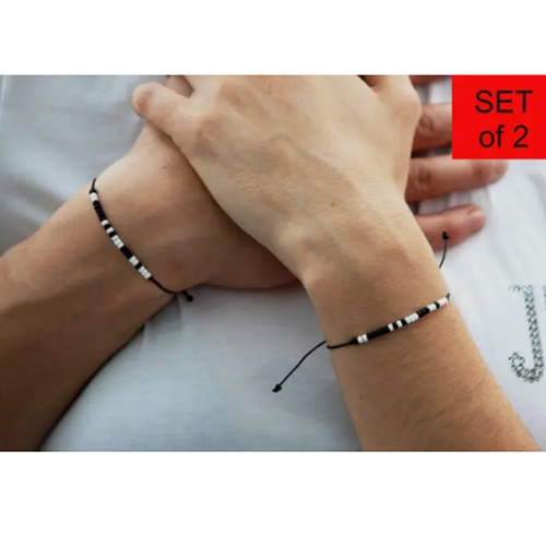 View Trendy Morse Cord Black & White Rice Beads Adjustable Couple Bracelets Friendship Bracelets image