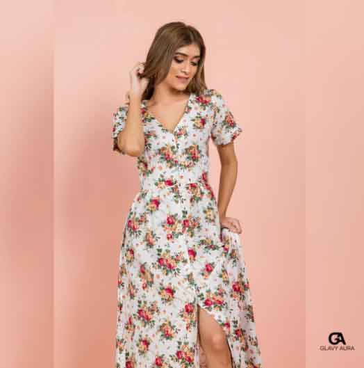 View Bust Detailed Button Down Long Dress - Printed image