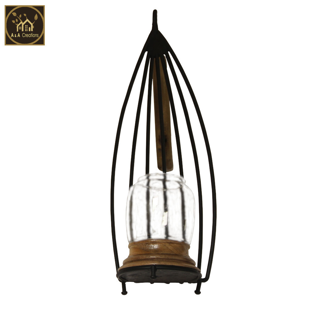 View 12-Inch Wrought Iron Candle Holder Lantern for Tabletops and Walls with Eco-Friendly Wood and Unique Chimney Design image