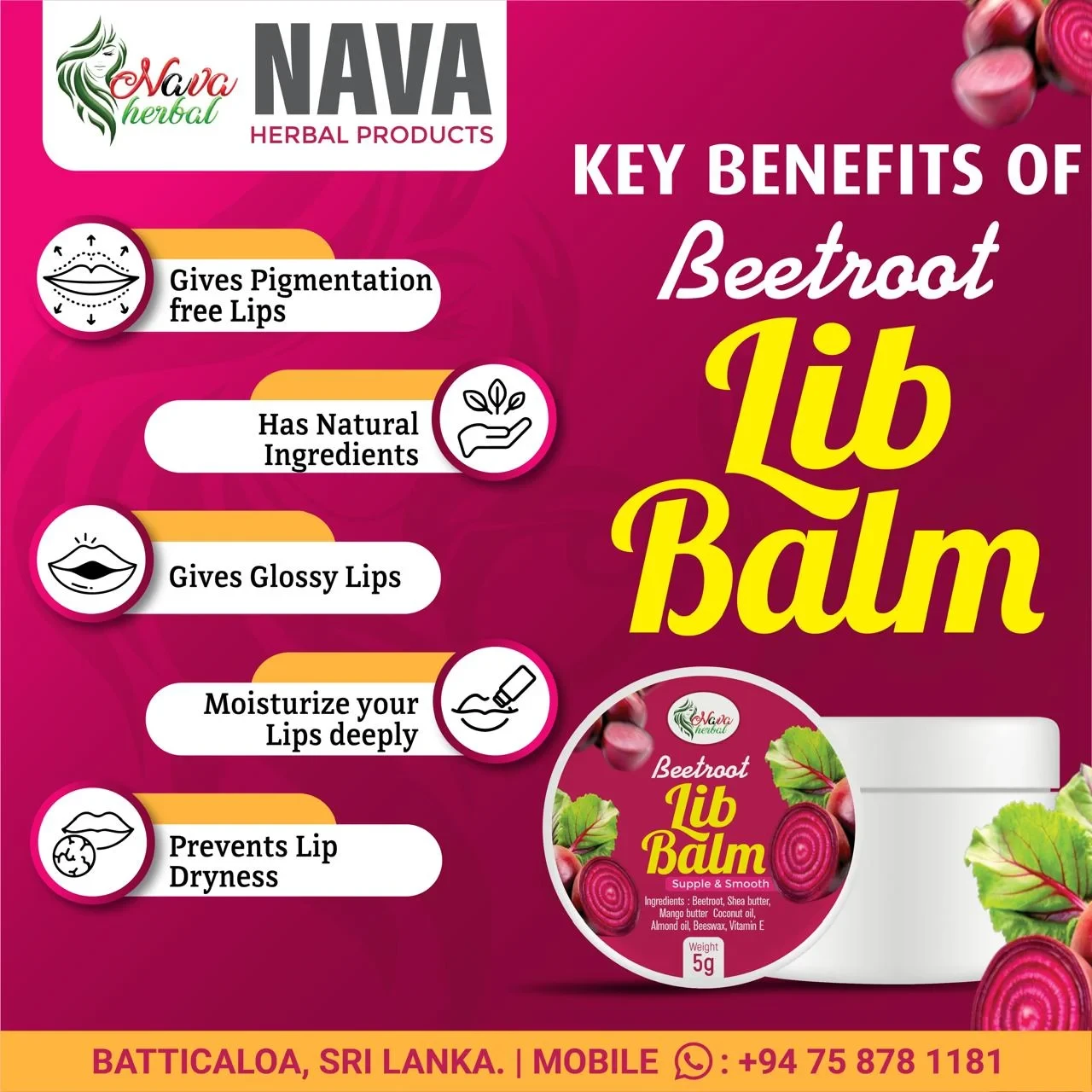View Nava Herbal Beetroot Lip Balm 10g – Natural Lip Care & Pink Glow image