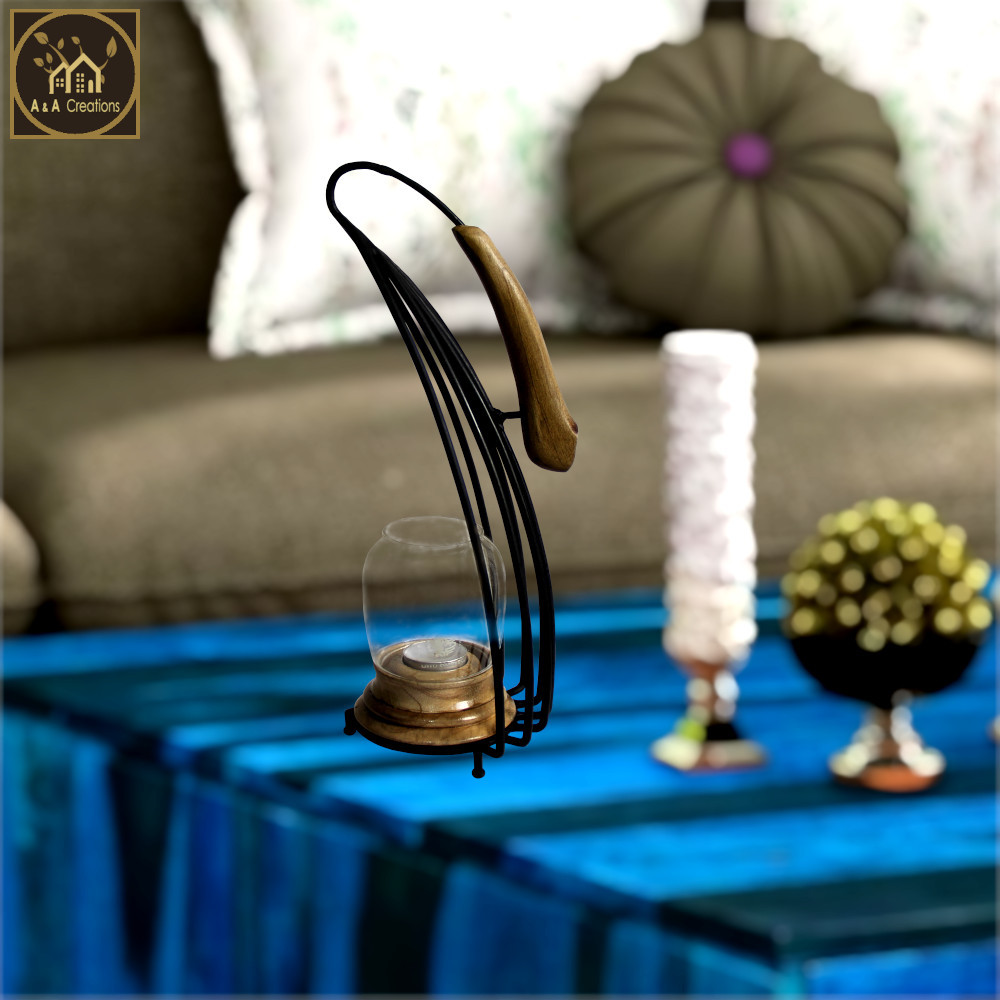 View 12-Inch Wrought Iron Candle Holder Lantern for Tabletops and Walls with Eco-Friendly Wood and Unique Chimney Design image