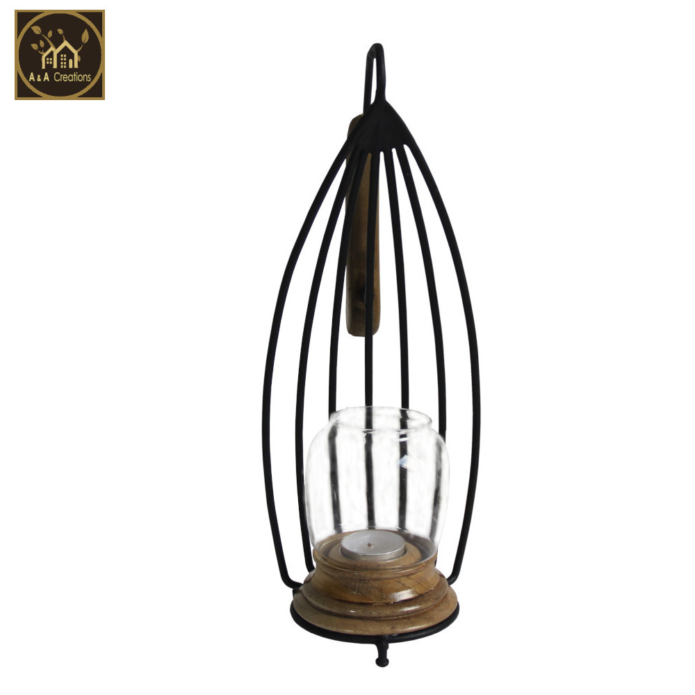 View 12-Inch Wrought Iron Candle Holder Lantern for Tabletops and Walls with Eco-Friendly Wood and Unique Chimney Design image
