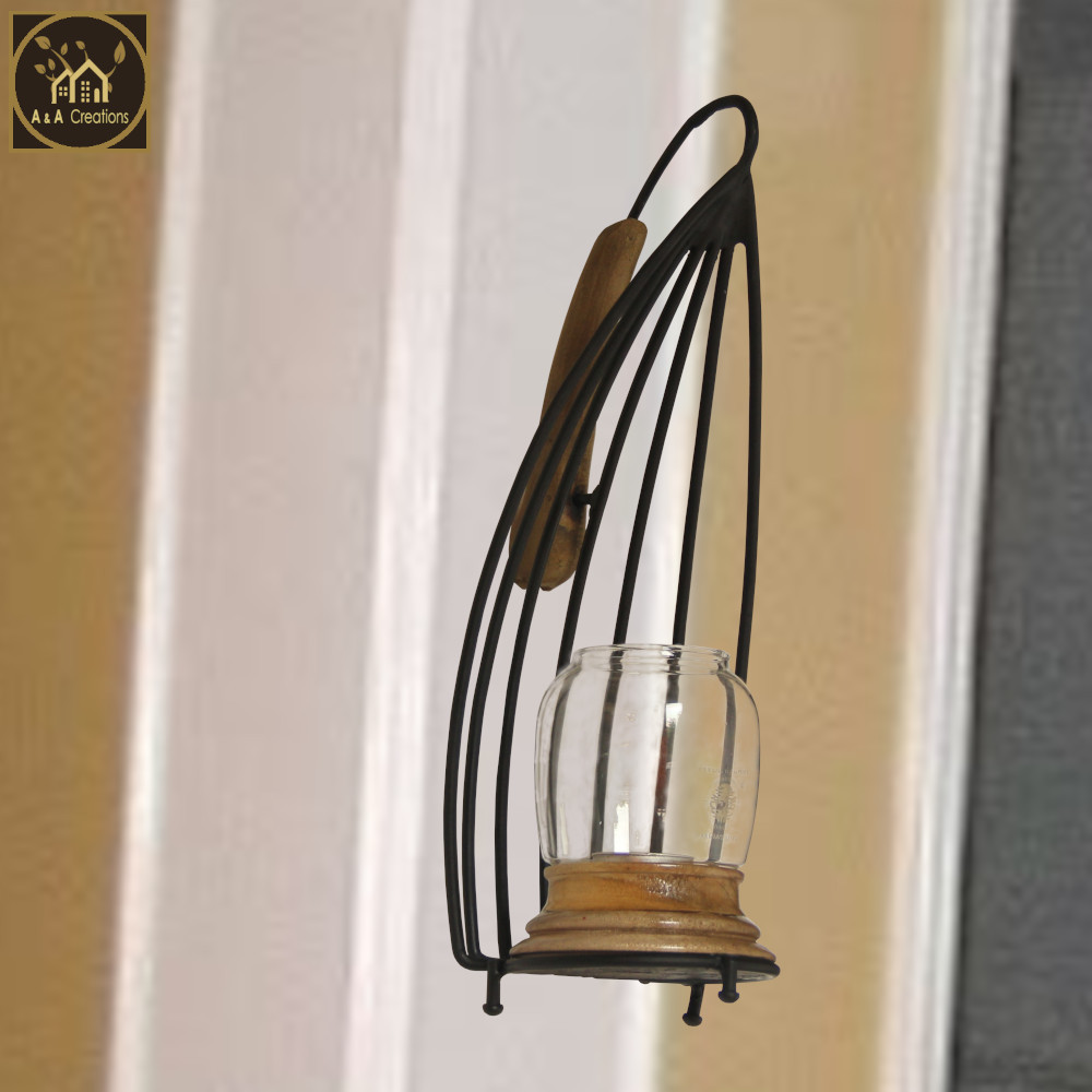 View 12-Inch Wrought Iron Candle Holder Lantern for Tabletops and Walls with Eco-Friendly Wood and Unique Chimney Design image