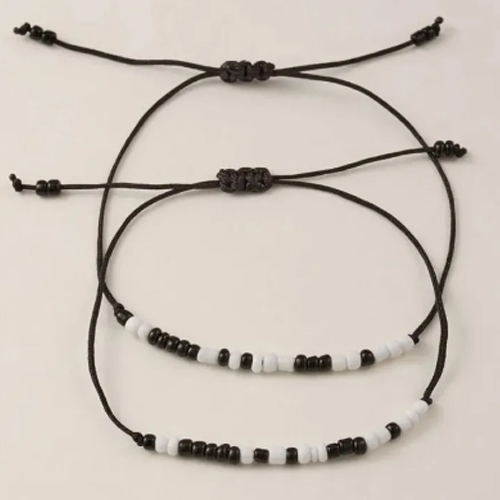 View Trendy Morse Cord Black & White Rice Beads Adjustable Couple Bracelets Friendship Bracelets image