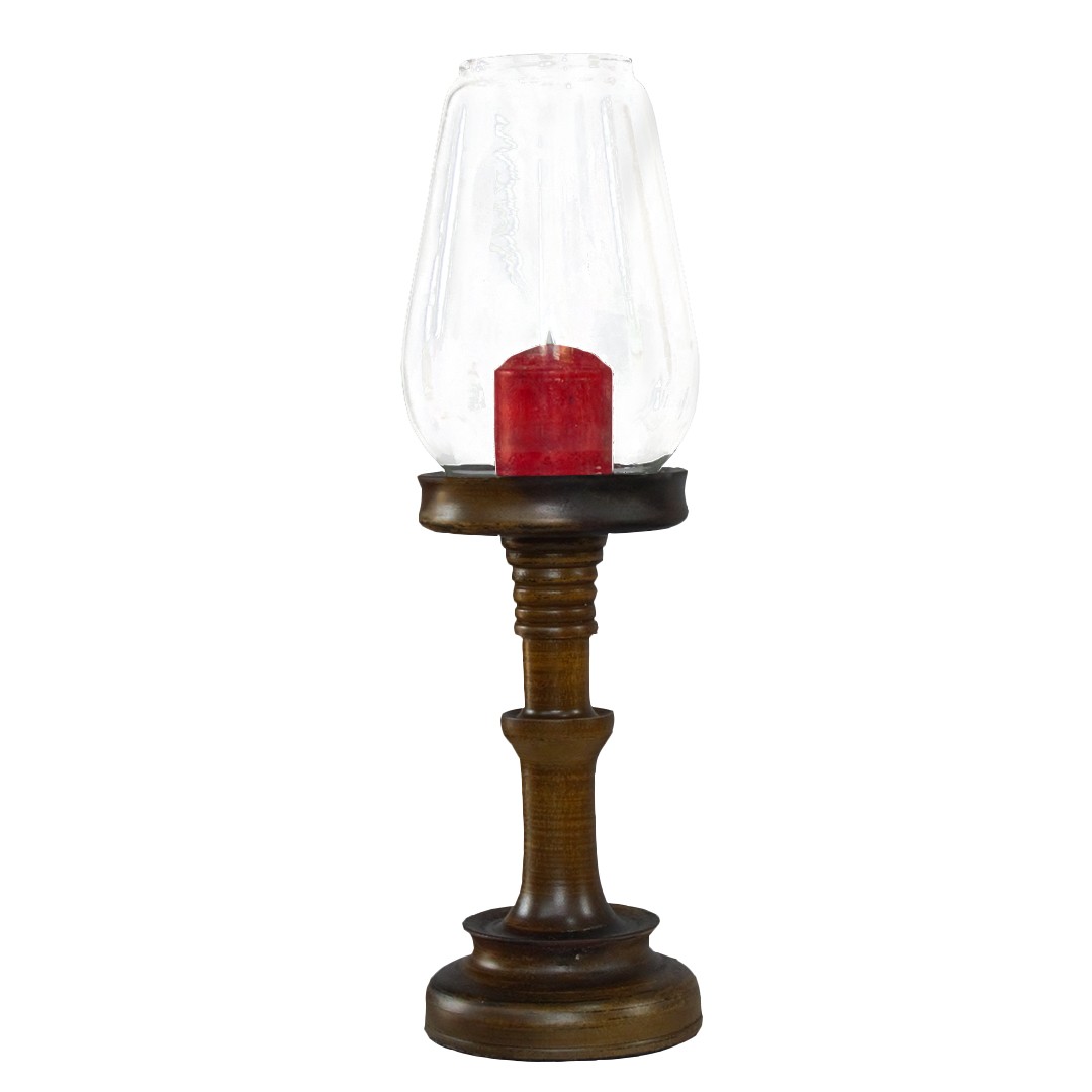View Handcrafted Wooden Candle Holder with Glass – Dark Teak Finish, Sri Lankan Woodturning Artistry image