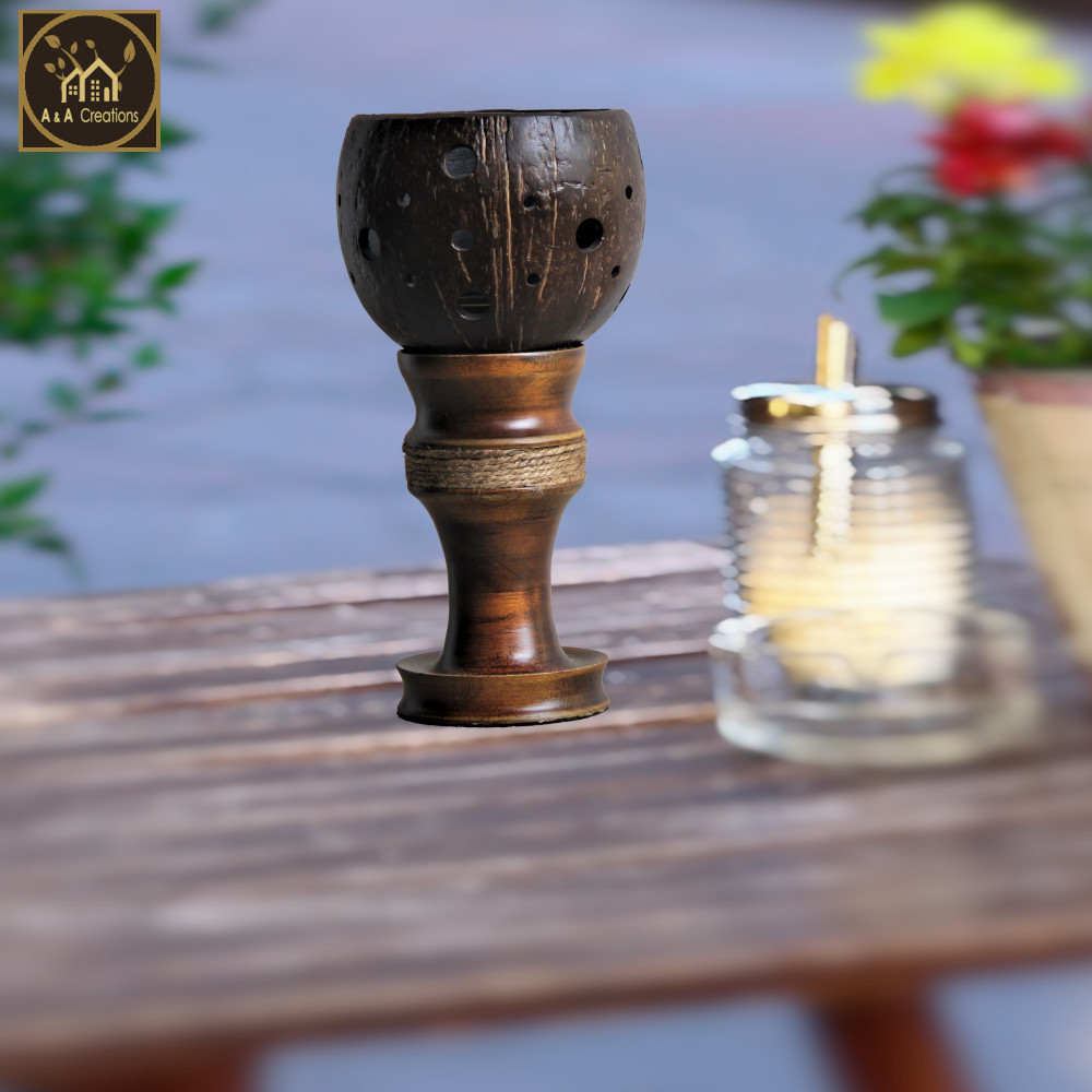 View Wooden Candle Holder with Coconut Shell: A Unique Traditional Centerpiece from Sri Lanka image
