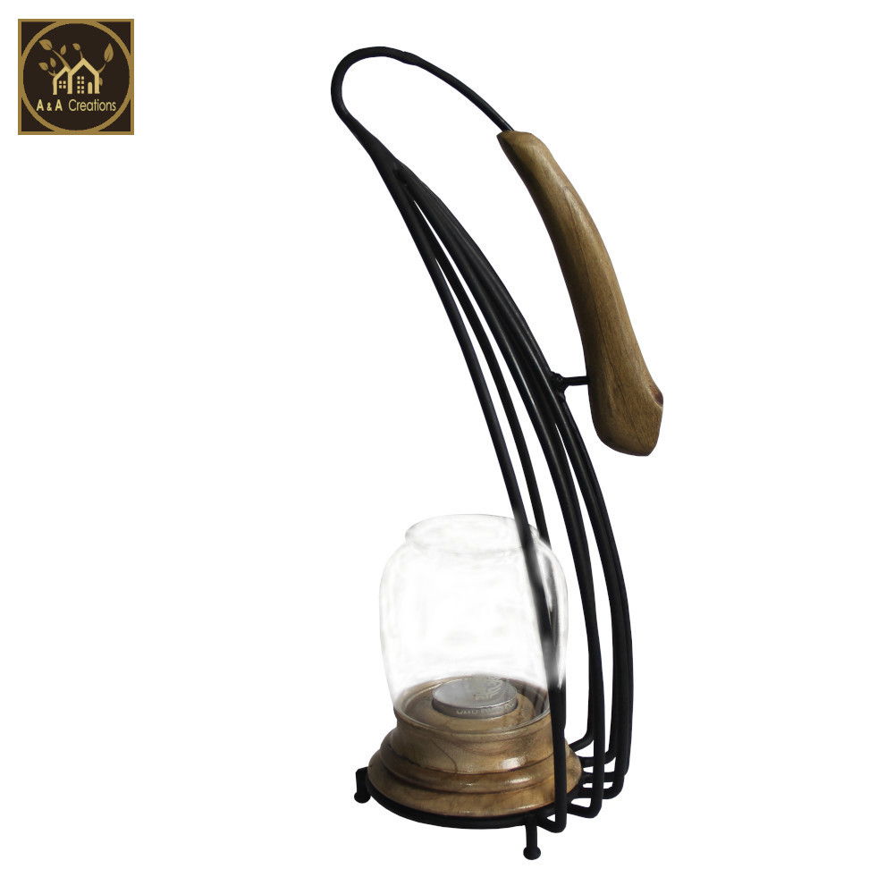 View 12-Inch Wrought Iron Candle Holder Lantern for Tabletops and Walls with Eco-Friendly Wood and Unique Chimney Design image