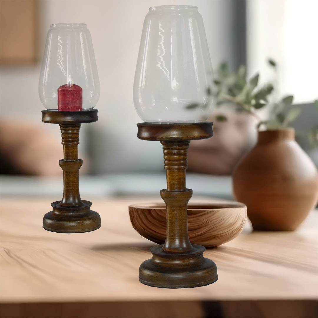 View Handcrafted Wooden Candle Holder with Glass – Dark Teak Finish, Sri Lankan Woodturning Artistry image