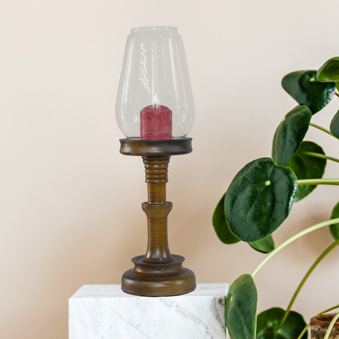 View Handcrafted Wooden Candle Holder with Glass – Dark Teak Finish, Sri Lankan Woodturning Artistry image