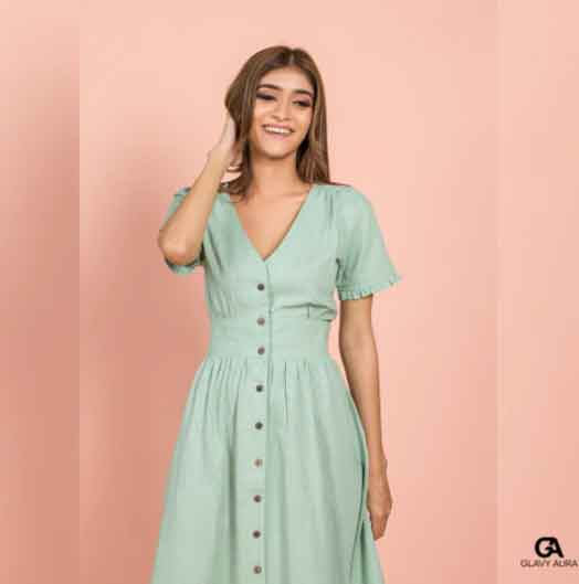 View Bust Detailed Button Down Long Dress - Mint Green image