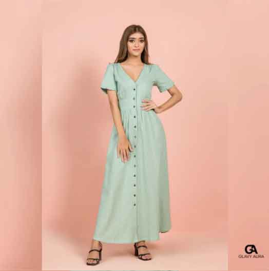 View Bust Detailed Button Down Long Dress - Mint Green image
