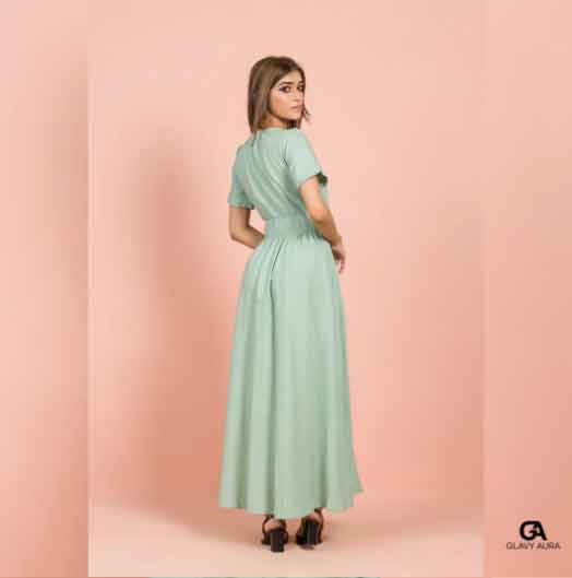 View Bust Detailed Button Down Long Dress - Mint Green image