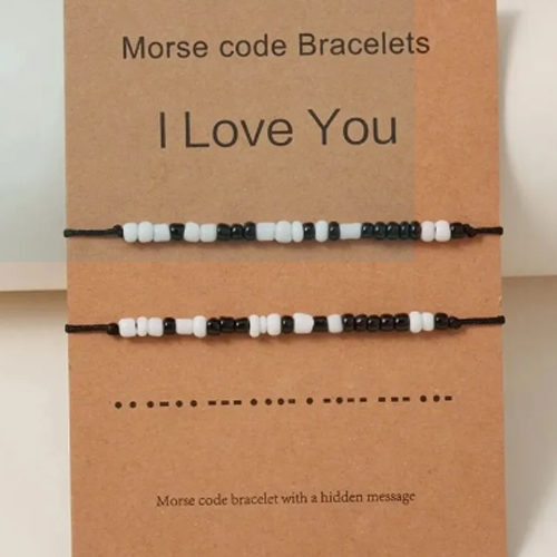 View Trendy Morse Cord Black & White Rice Beads Adjustable Couple Bracelets Friendship Bracelets image