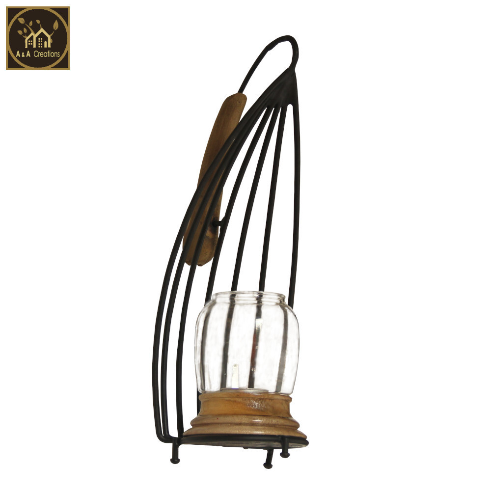 View 12-Inch Wrought Iron Candle Holder Lantern for Tabletops and Walls with Eco-Friendly Wood and Unique Chimney Design image
