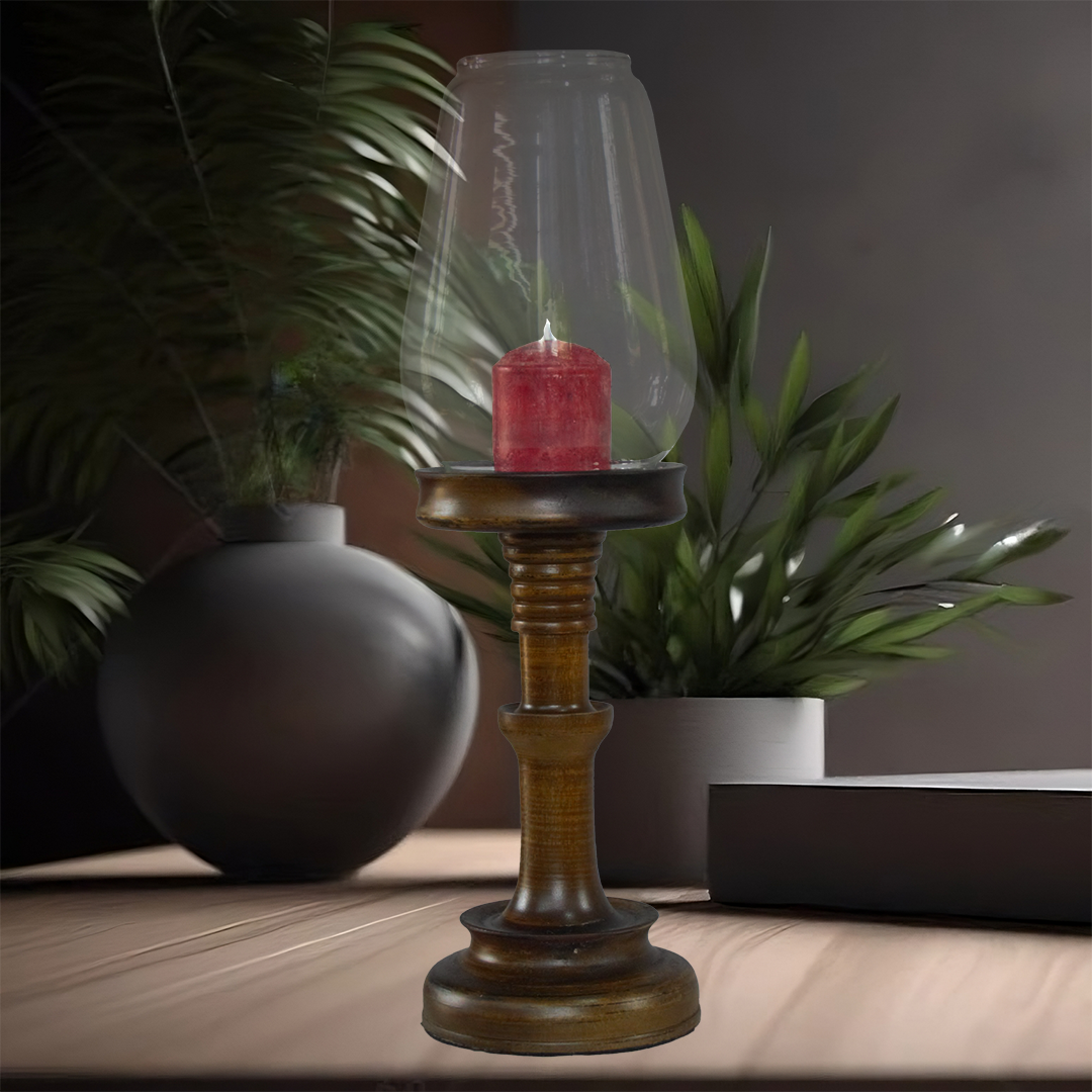 View Handcrafted Wooden Candle Holder with Glass – Dark Teak Finish, Sri Lankan Woodturning Artistry image